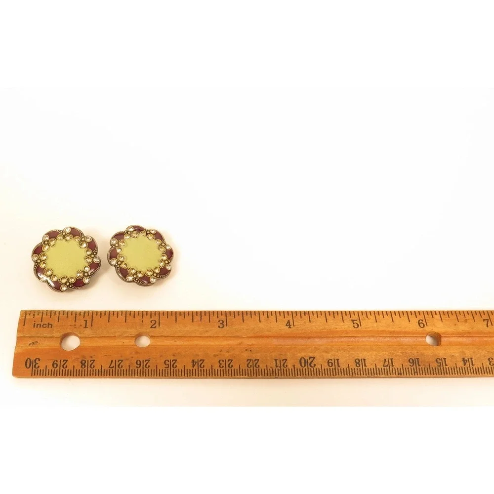 Deep Red & Gold Enamel Clear Rhinestone Resin Vintage Silver Tn Earrings‎